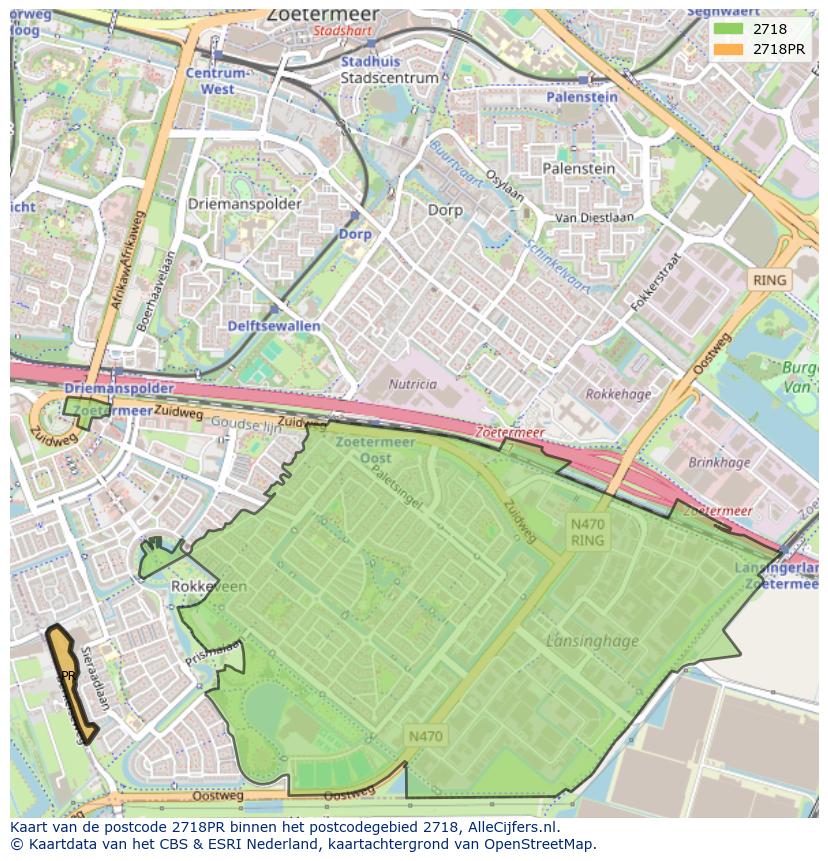 Afbeelding van het postcodegebied 2718 PR op de kaart.