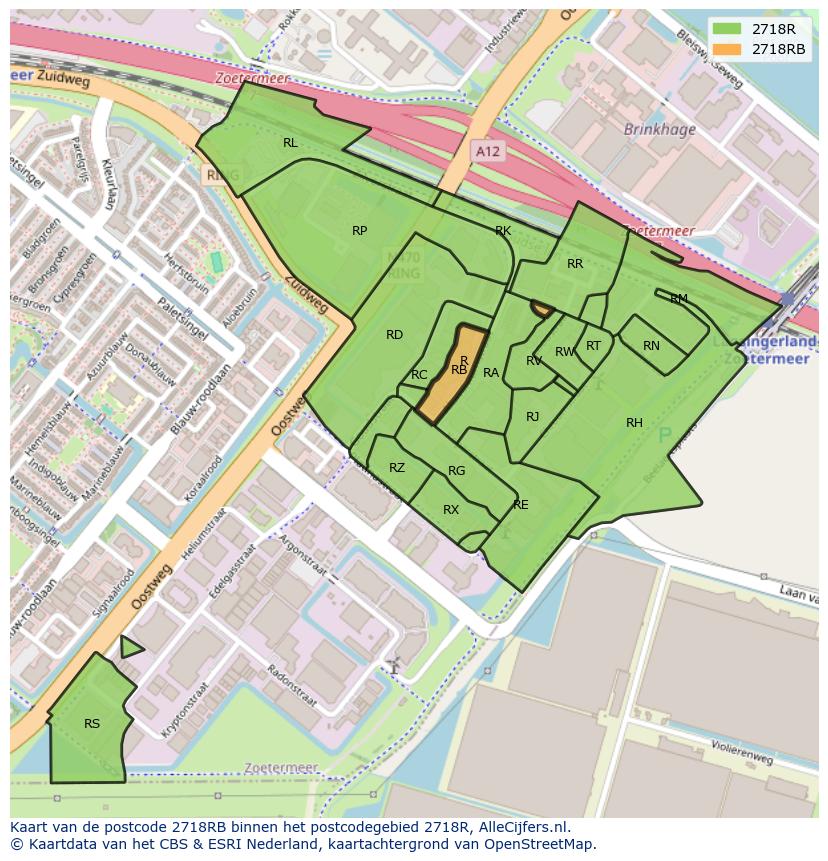 Afbeelding van het postcodegebied 2718 RB op de kaart.