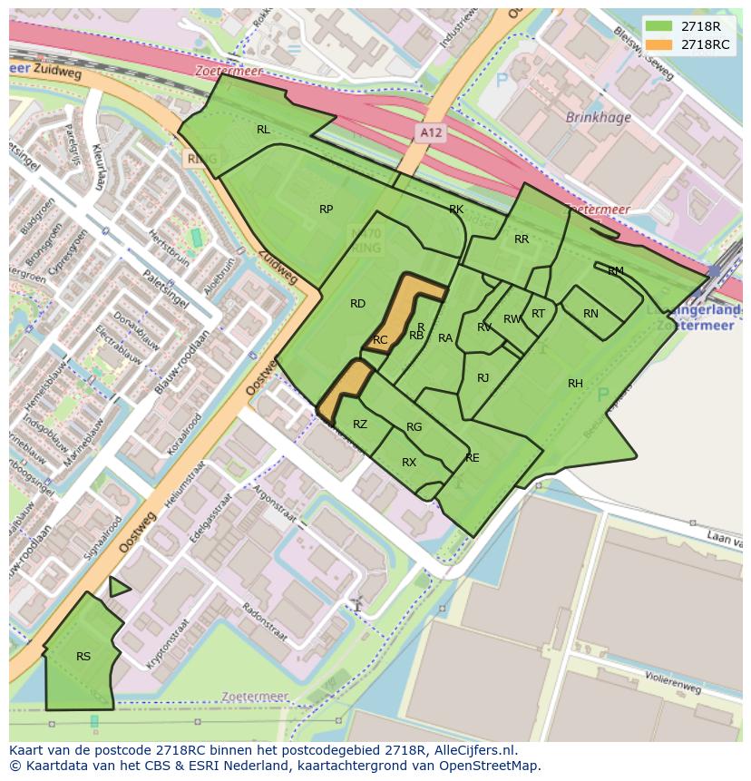Afbeelding van het postcodegebied 2718 RC op de kaart.