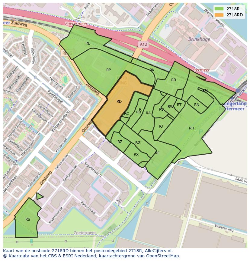 Afbeelding van het postcodegebied 2718 RD op de kaart.
