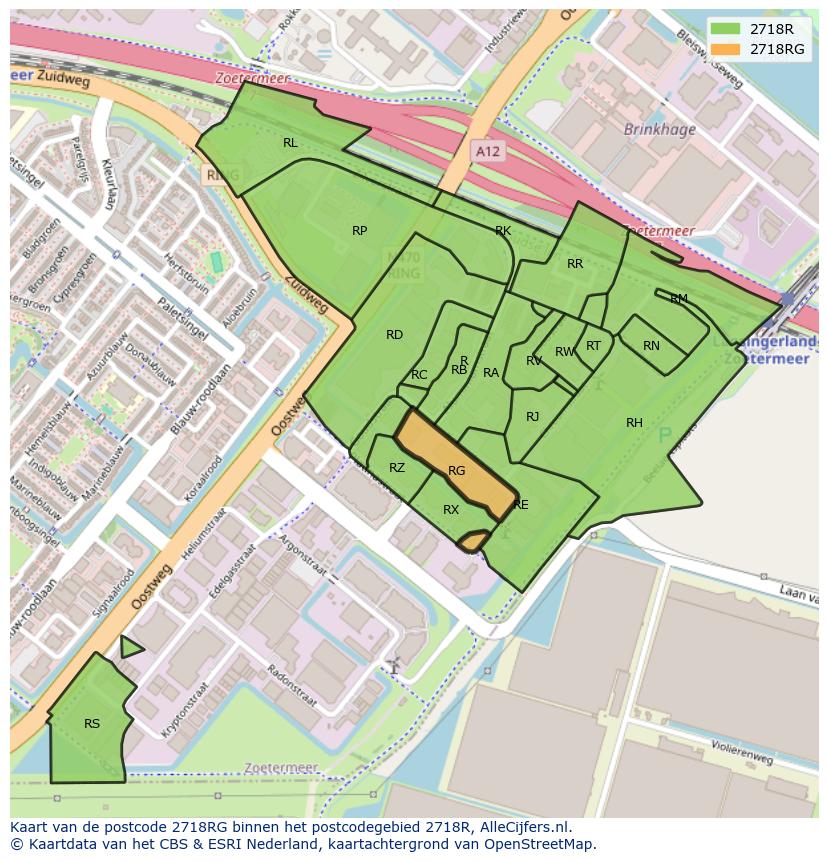 Afbeelding van het postcodegebied 2718 RG op de kaart.