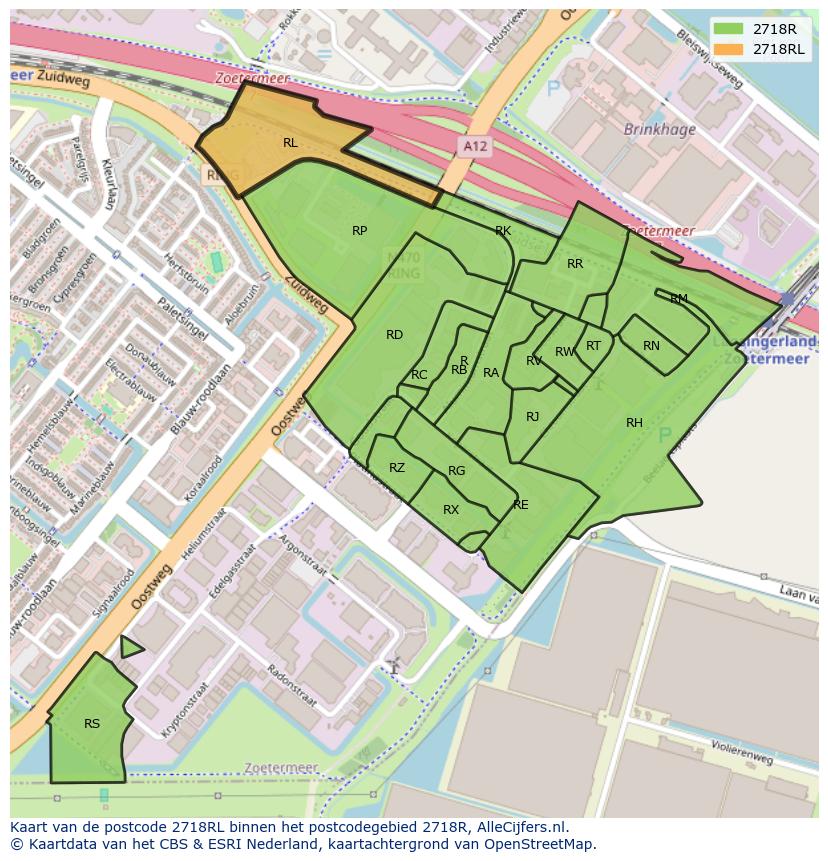 Afbeelding van het postcodegebied 2718 RL op de kaart.