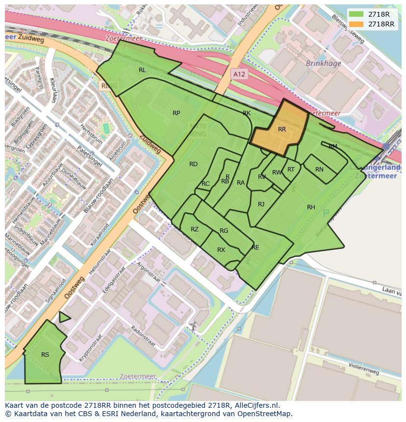 Afbeelding van het postcodegebied 2718 RR op de kaart.