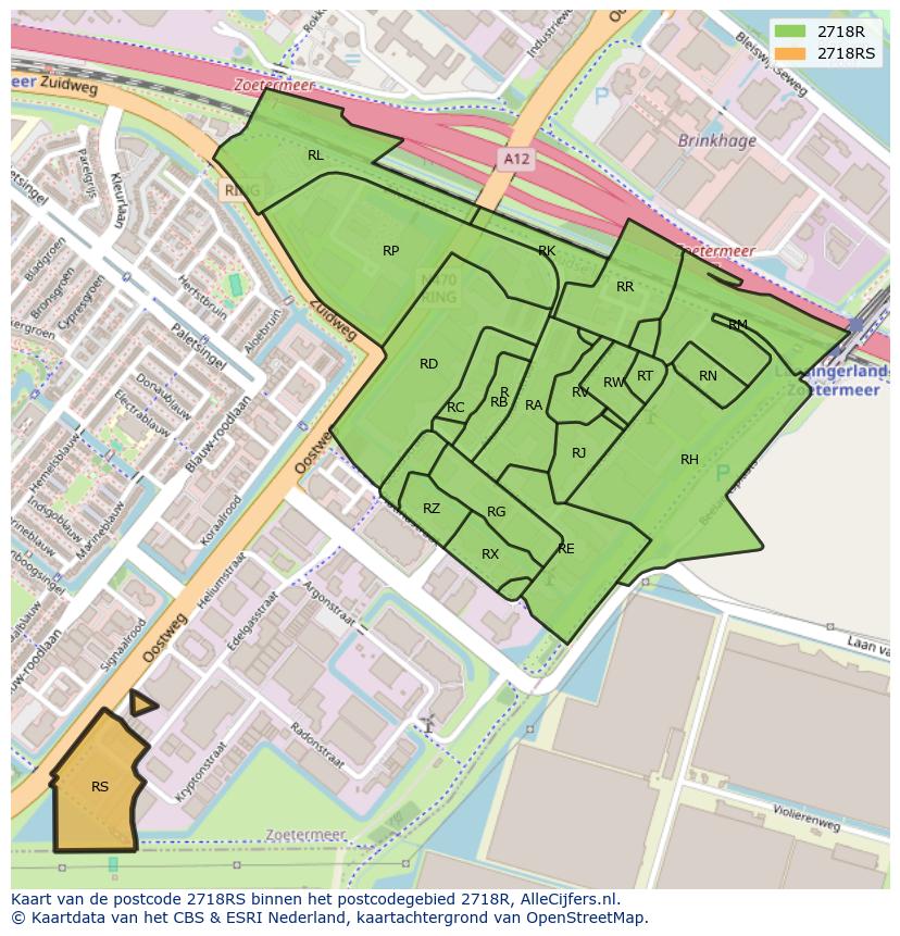 Afbeelding van het postcodegebied 2718 RS op de kaart.