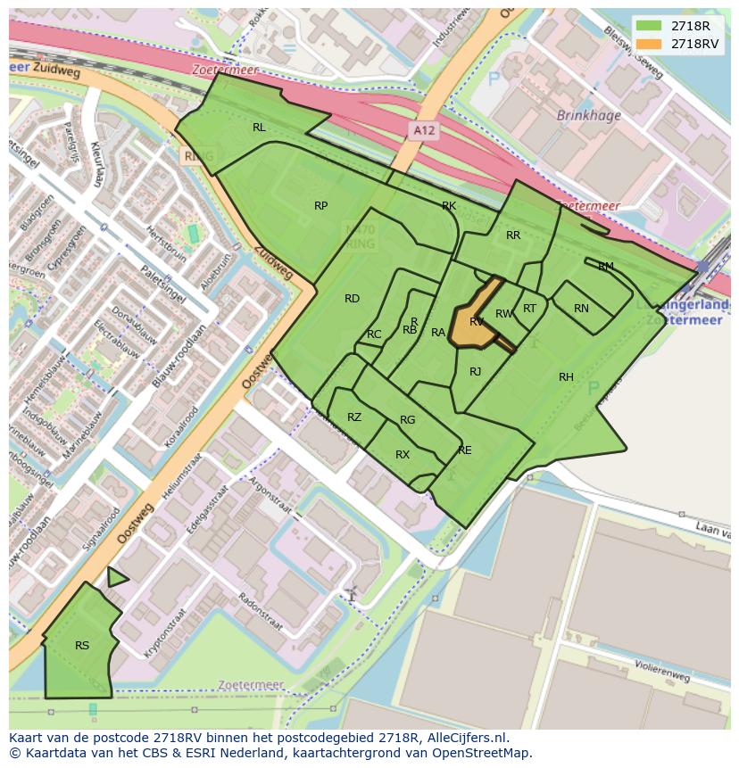 Afbeelding van het postcodegebied 2718 RV op de kaart.