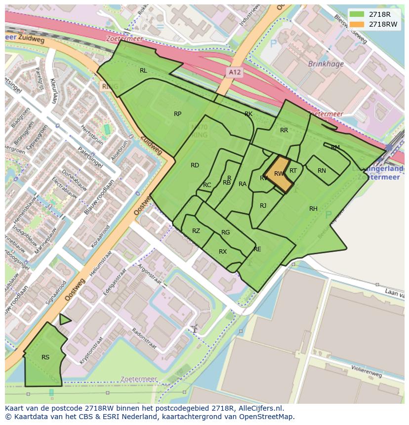 Afbeelding van het postcodegebied 2718 RW op de kaart.