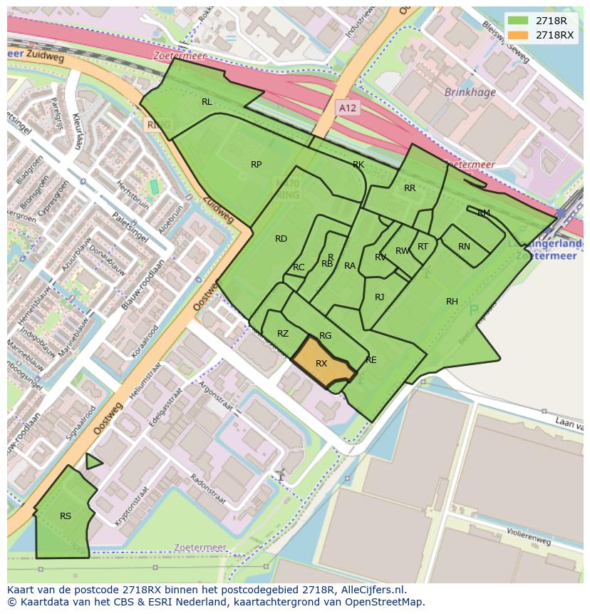 Afbeelding van het postcodegebied 2718 RX op de kaart.