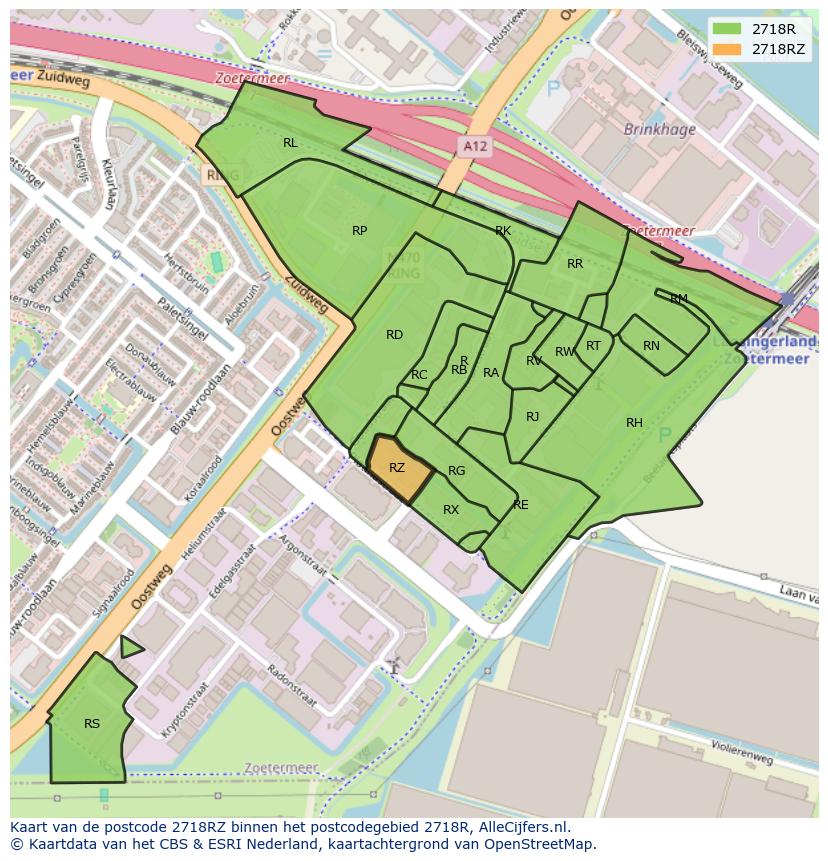 Afbeelding van het postcodegebied 2718 RZ op de kaart.