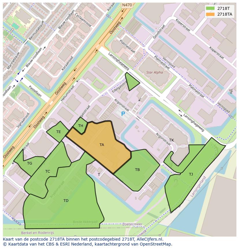 Afbeelding van het postcodegebied 2718 TA op de kaart.