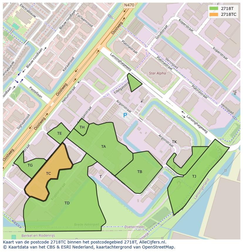 Afbeelding van het postcodegebied 2718 TC op de kaart.
