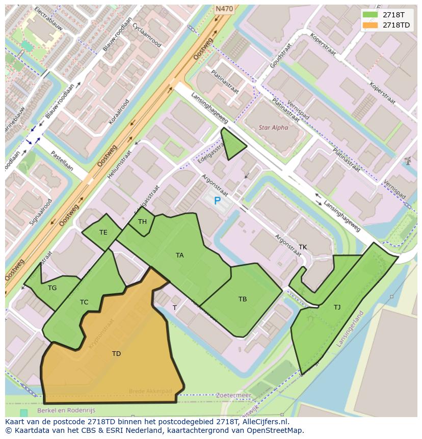 Afbeelding van het postcodegebied 2718 TD op de kaart.