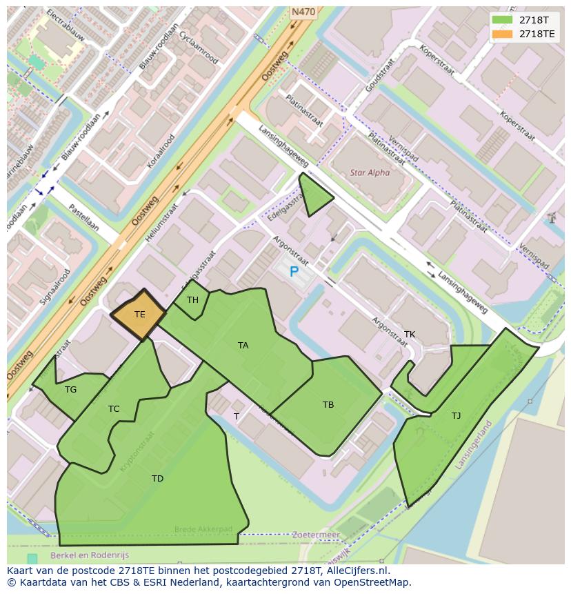 Afbeelding van het postcodegebied 2718 TE op de kaart.