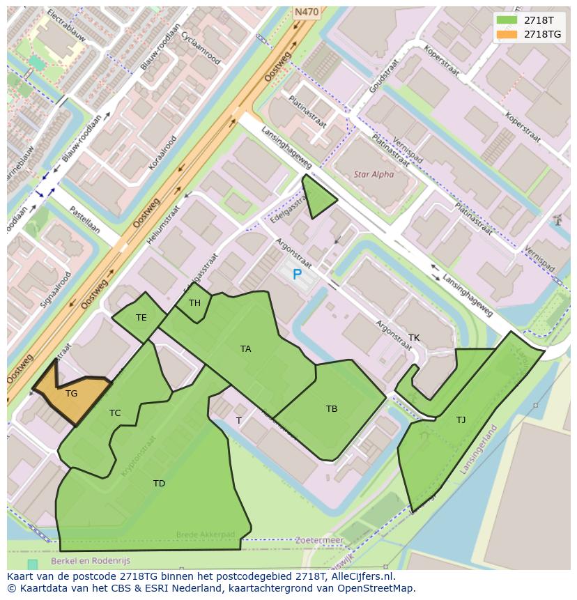 Afbeelding van het postcodegebied 2718 TG op de kaart.