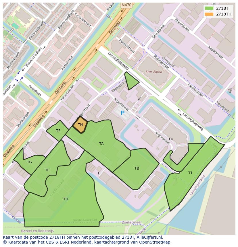 Afbeelding van het postcodegebied 2718 TH op de kaart.