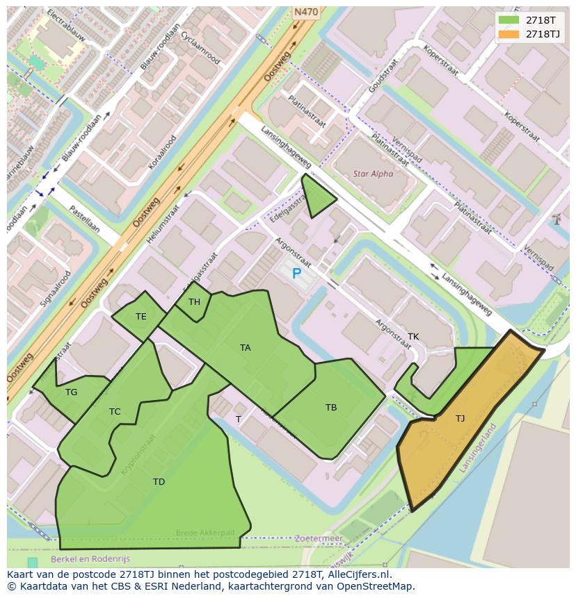 Afbeelding van het postcodegebied 2718 TJ op de kaart.