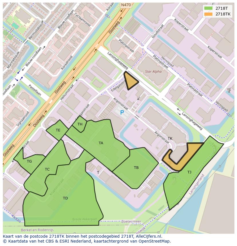 Afbeelding van het postcodegebied 2718 TK op de kaart.