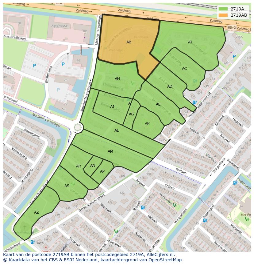 Afbeelding van het postcodegebied 2719 AB op de kaart.