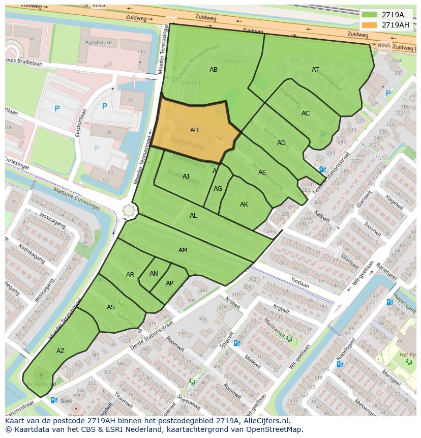 Afbeelding van het postcodegebied 2719 AH op de kaart.