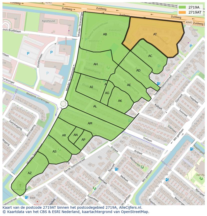 Afbeelding van het postcodegebied 2719 AT op de kaart.