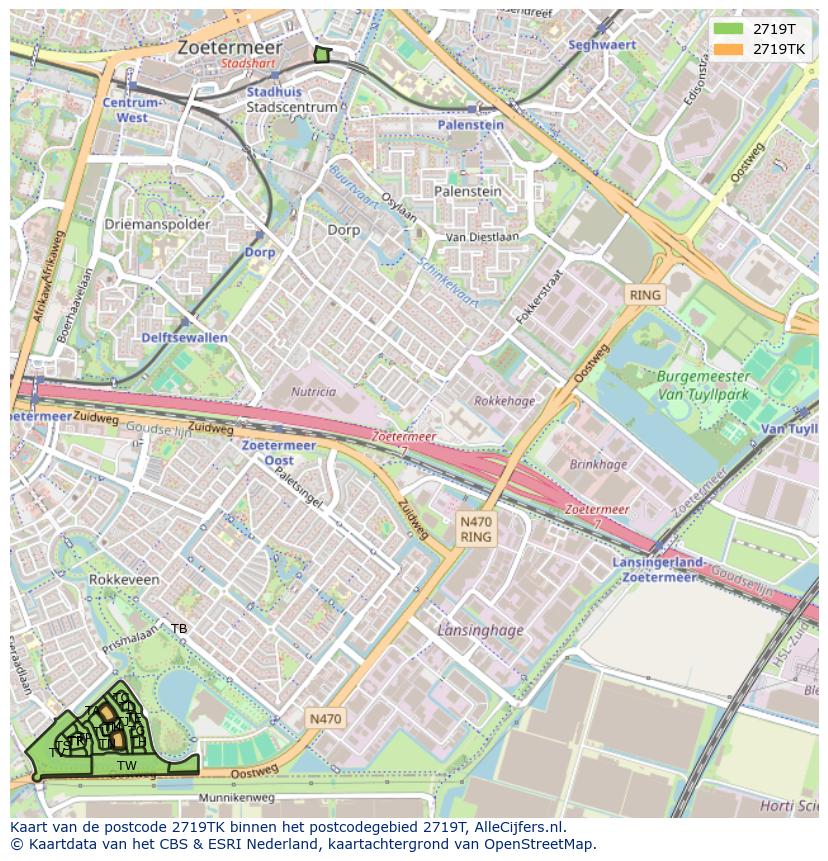 Afbeelding van het postcodegebied 2719 TK op de kaart.