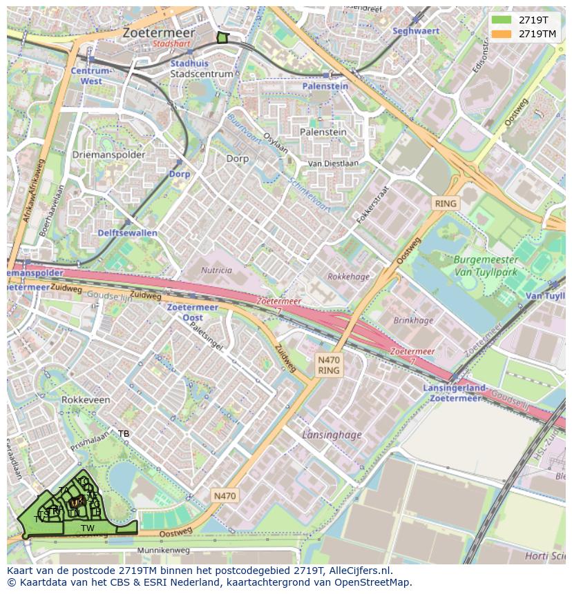 Afbeelding van het postcodegebied 2719 TM op de kaart.