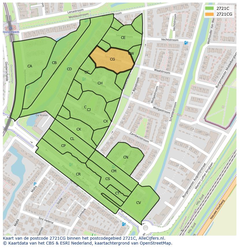 Afbeelding van het postcodegebied 2721 CG op de kaart.
