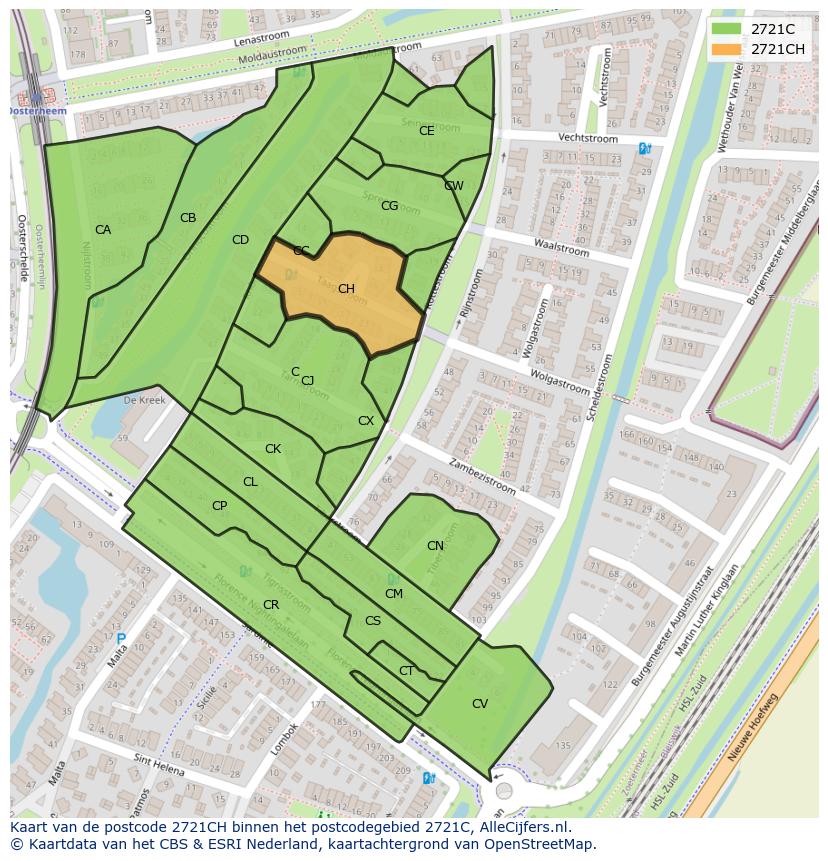 Afbeelding van het postcodegebied 2721 CH op de kaart.