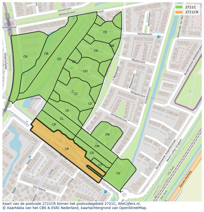 Afbeelding van het postcodegebied 2721 CR op de kaart.