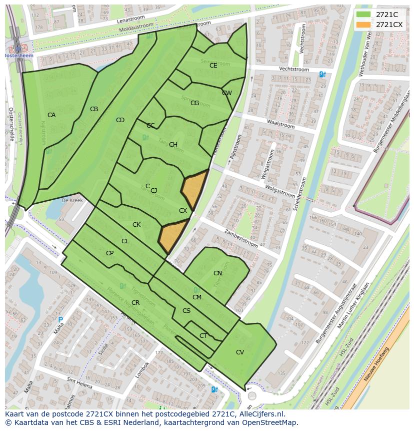 Afbeelding van het postcodegebied 2721 CX op de kaart.