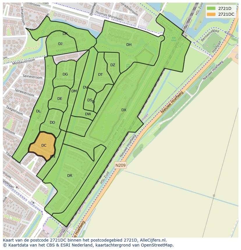 Afbeelding van het postcodegebied 2721 DC op de kaart.
