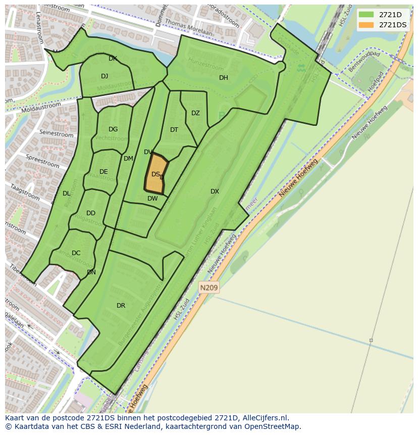 Afbeelding van het postcodegebied 2721 DS op de kaart.