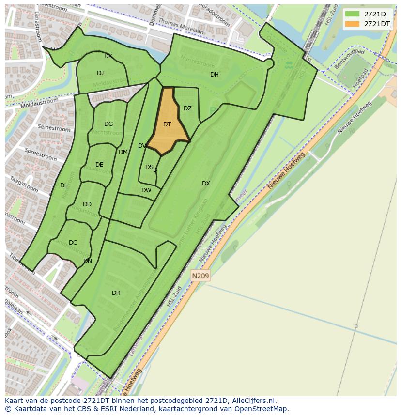 Afbeelding van het postcodegebied 2721 DT op de kaart.