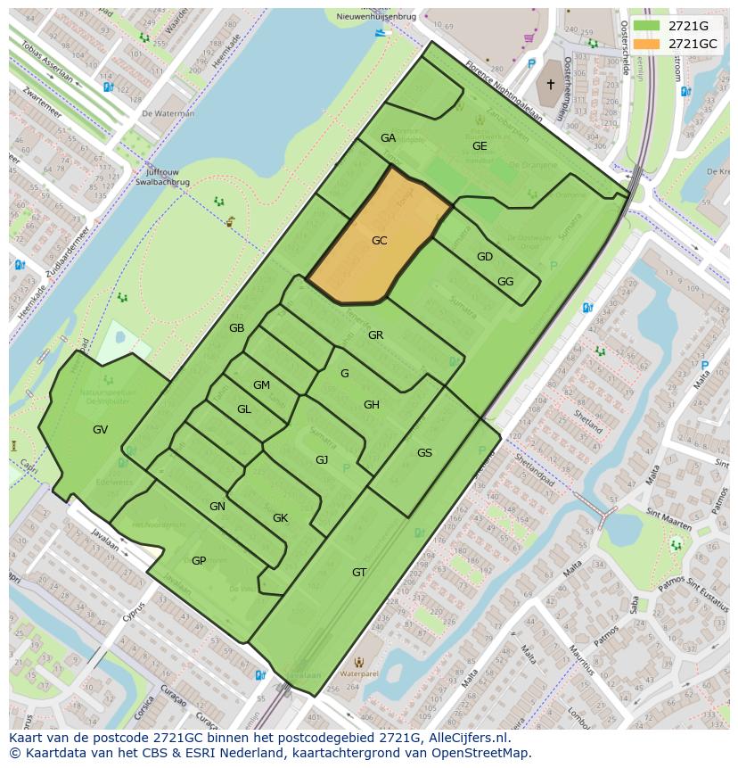 Afbeelding van het postcodegebied 2721 GC op de kaart.