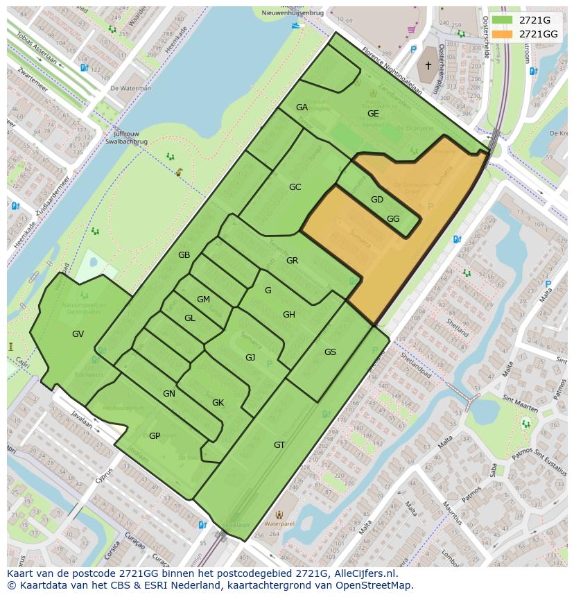 Afbeelding van het postcodegebied 2721 GG op de kaart.