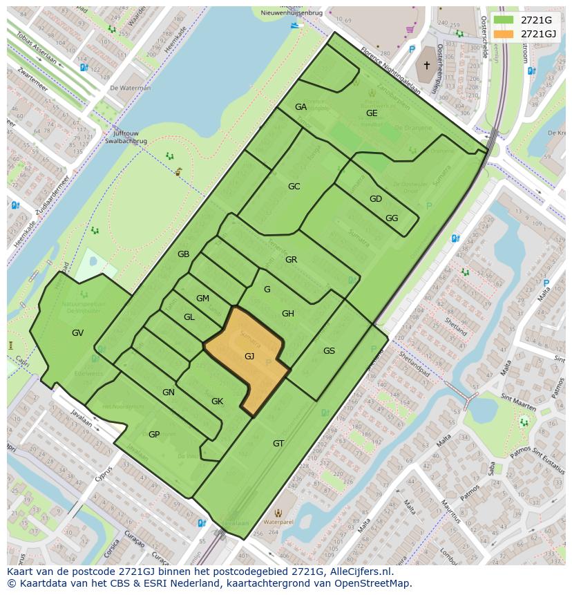 Afbeelding van het postcodegebied 2721 GJ op de kaart.