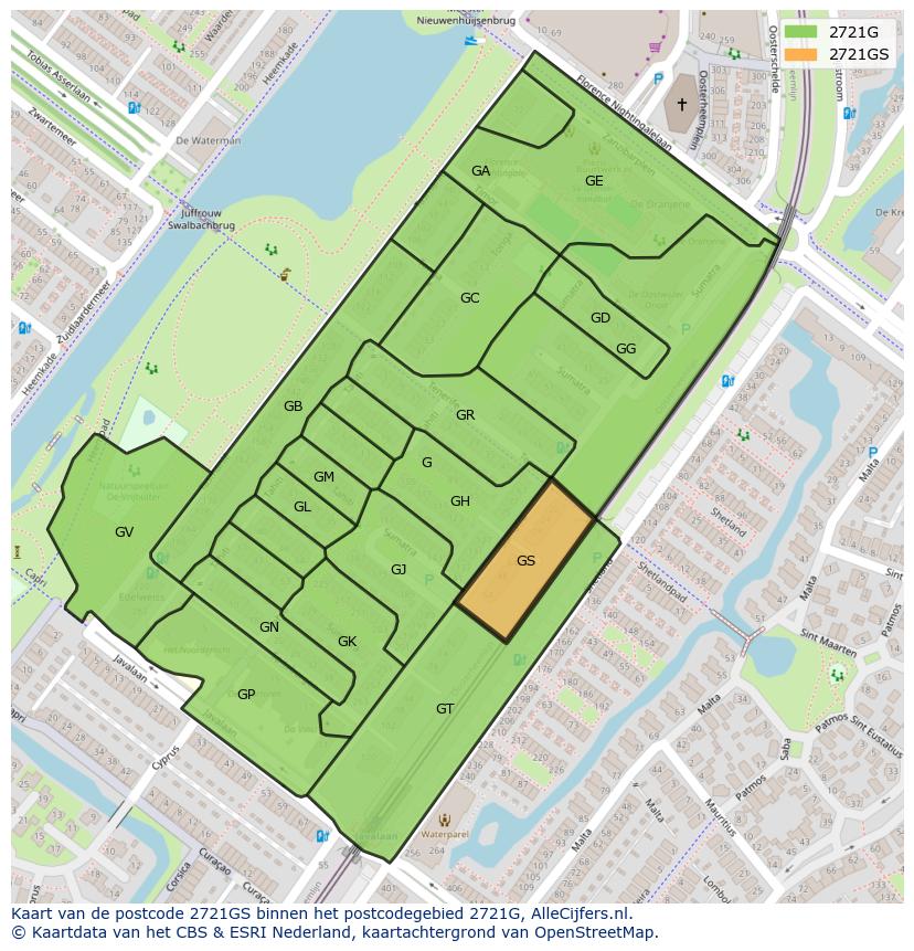 Afbeelding van het postcodegebied 2721 GS op de kaart.
