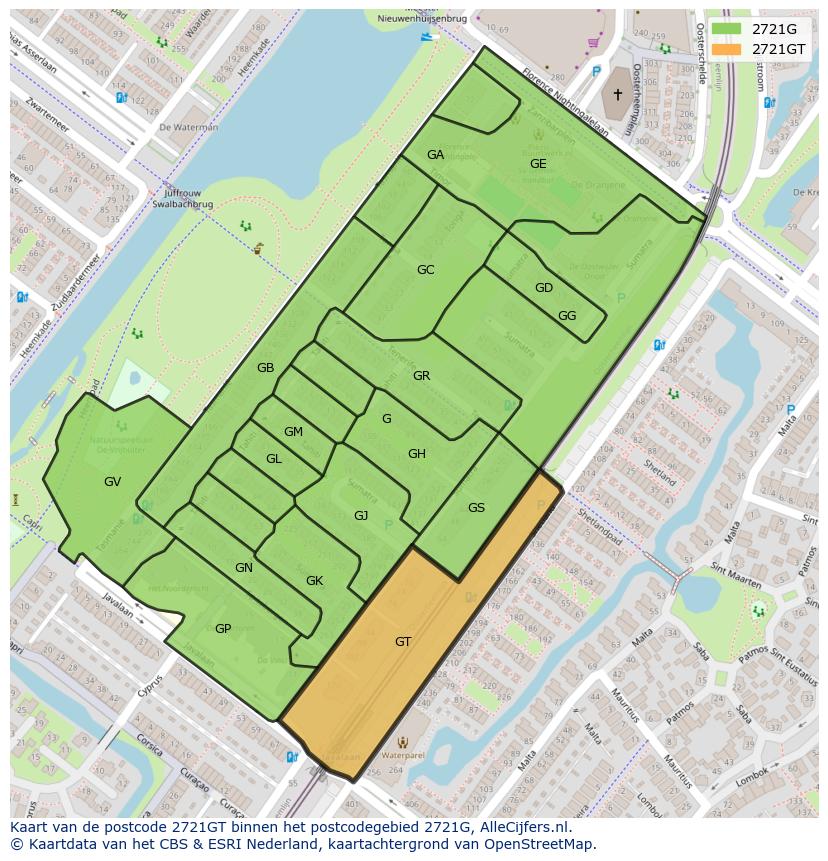 Afbeelding van het postcodegebied 2721 GT op de kaart.
