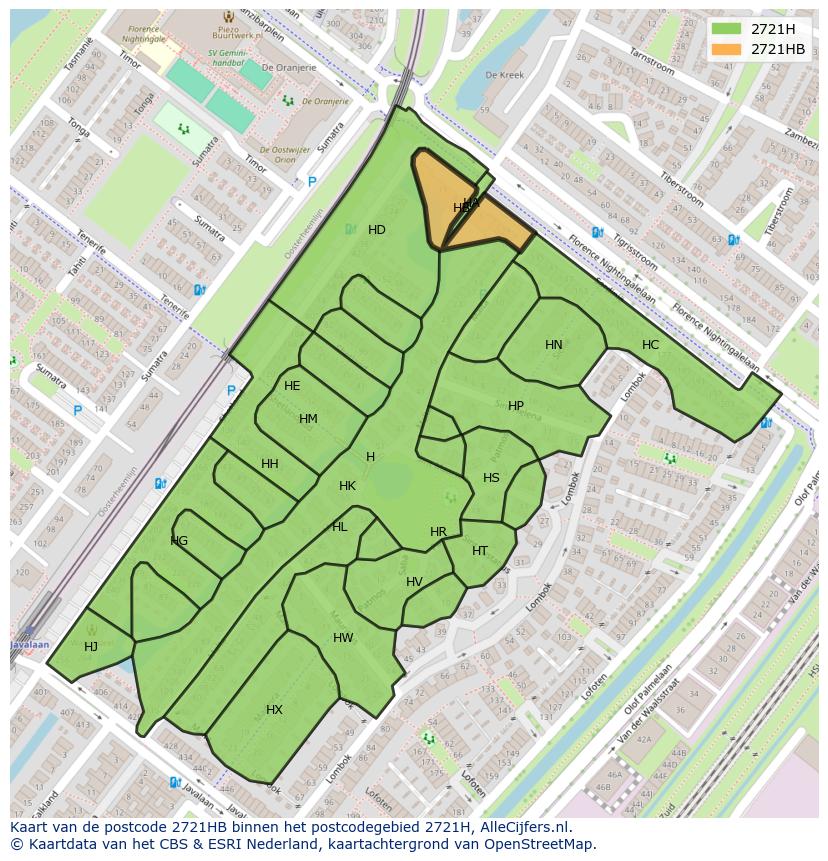 Afbeelding van het postcodegebied 2721 HB op de kaart.