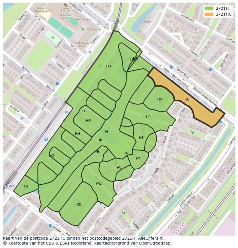 Afbeelding van het postcodegebied 2721 HC op de kaart.