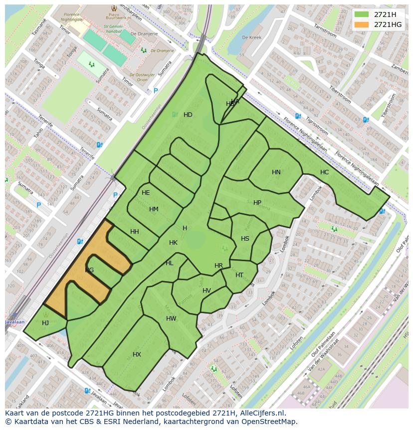 Afbeelding van het postcodegebied 2721 HG op de kaart.