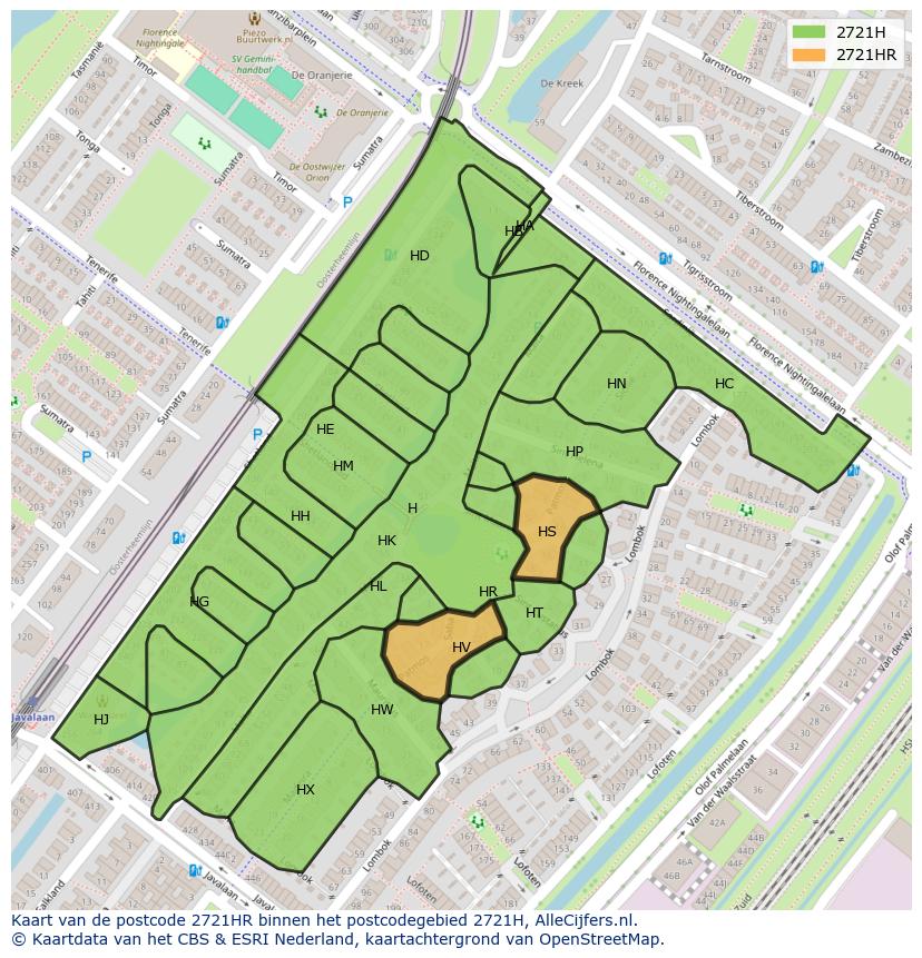 Afbeelding van het postcodegebied 2721 HR op de kaart.
