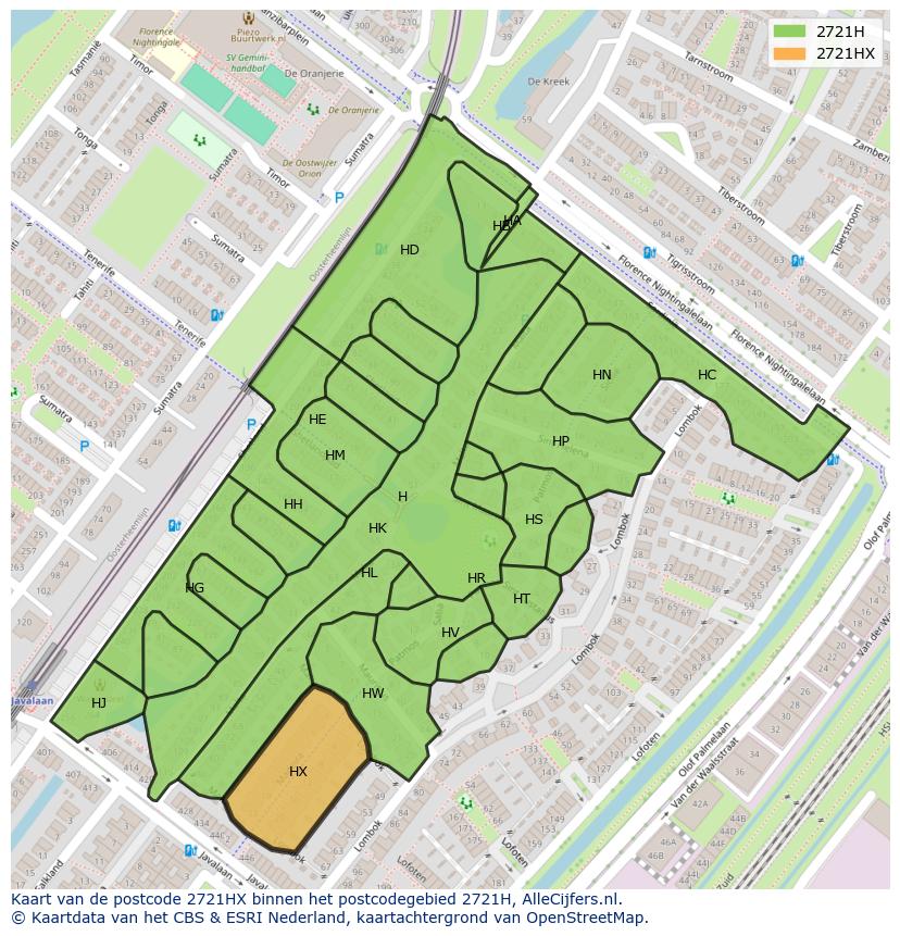 Afbeelding van het postcodegebied 2721 HX op de kaart.