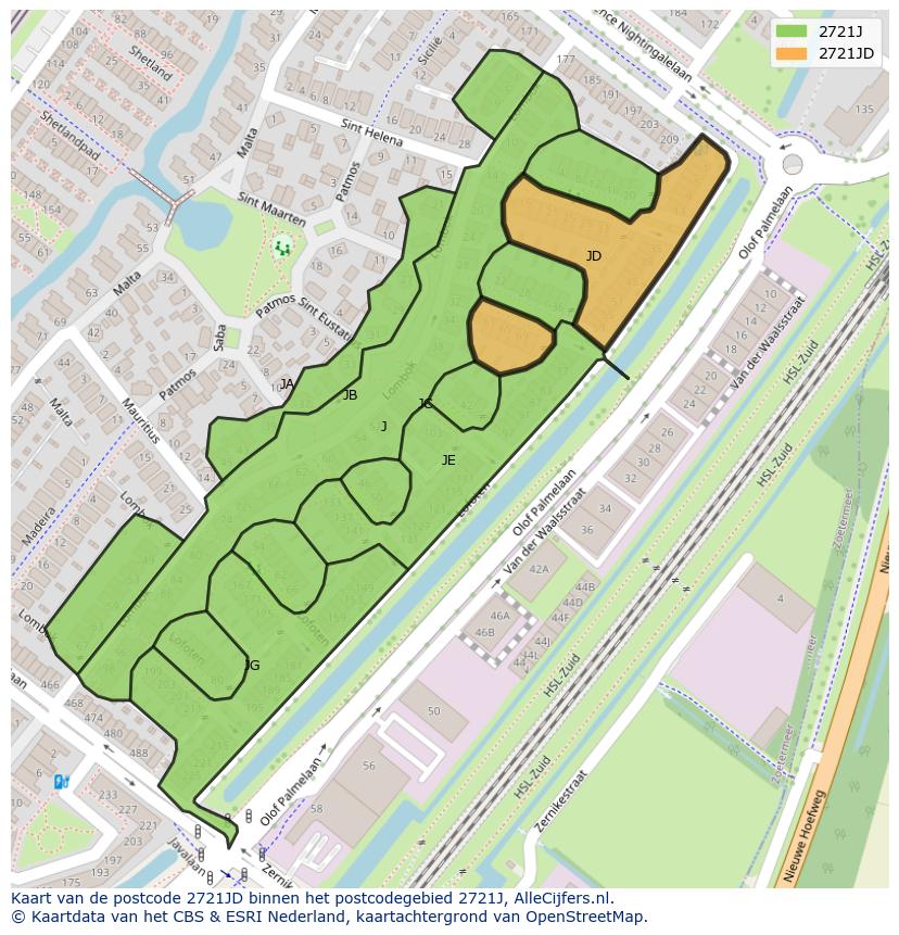 Afbeelding van het postcodegebied 2721 JD op de kaart.