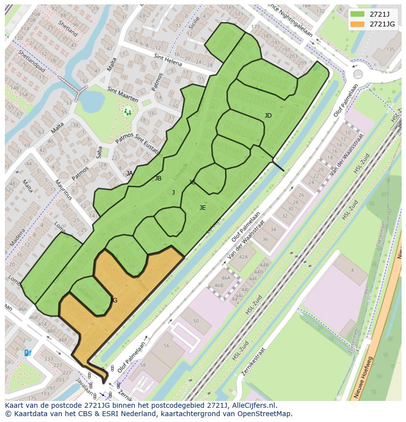 Afbeelding van het postcodegebied 2721 JG op de kaart.