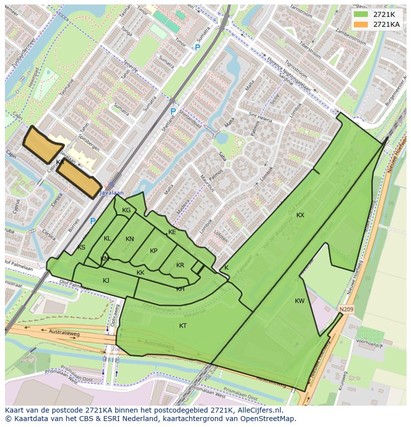 Afbeelding van het postcodegebied 2721 KA op de kaart.