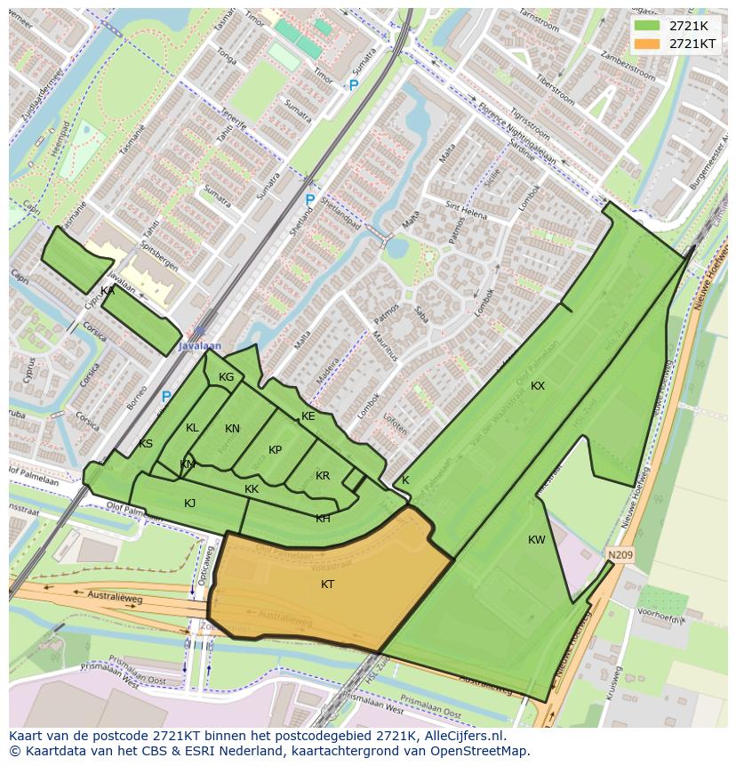 Afbeelding van het postcodegebied 2721 KT op de kaart.