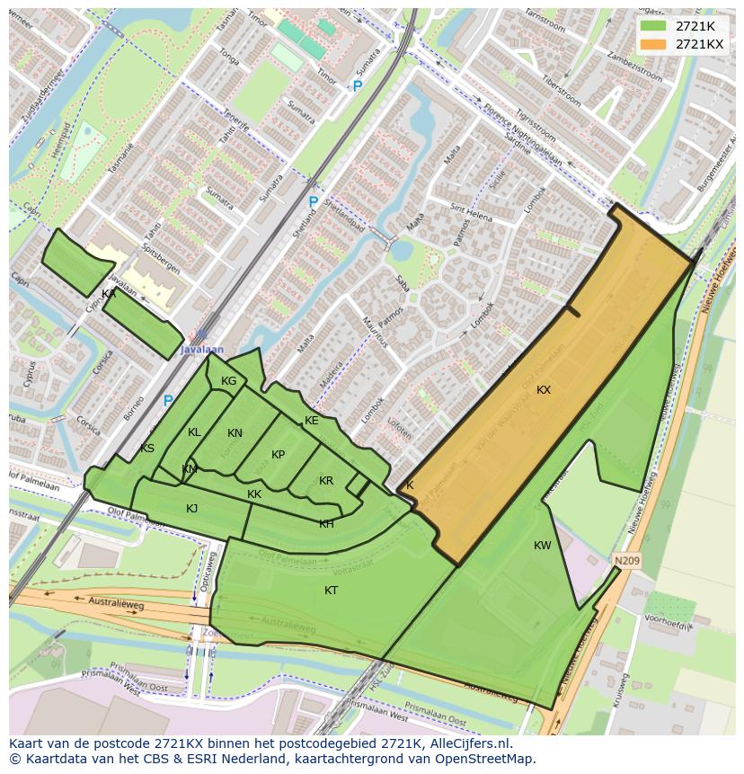 Afbeelding van het postcodegebied 2721 KX op de kaart.