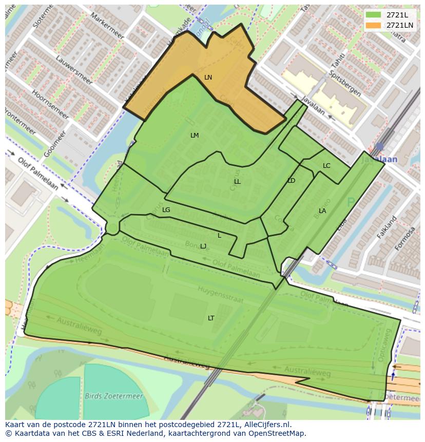 Afbeelding van het postcodegebied 2721 LN op de kaart.