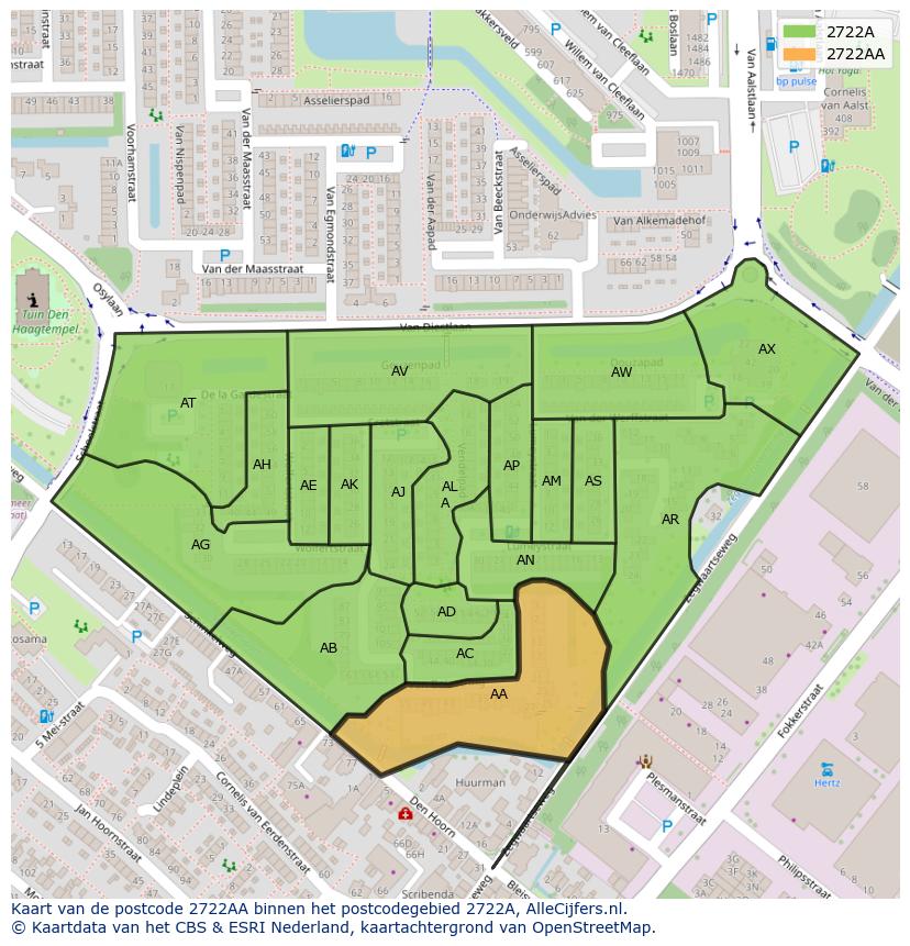 Afbeelding van het postcodegebied 2722 AA op de kaart.
