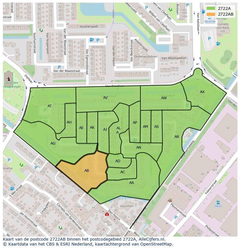 Afbeelding van het postcodegebied 2722 AB op de kaart.